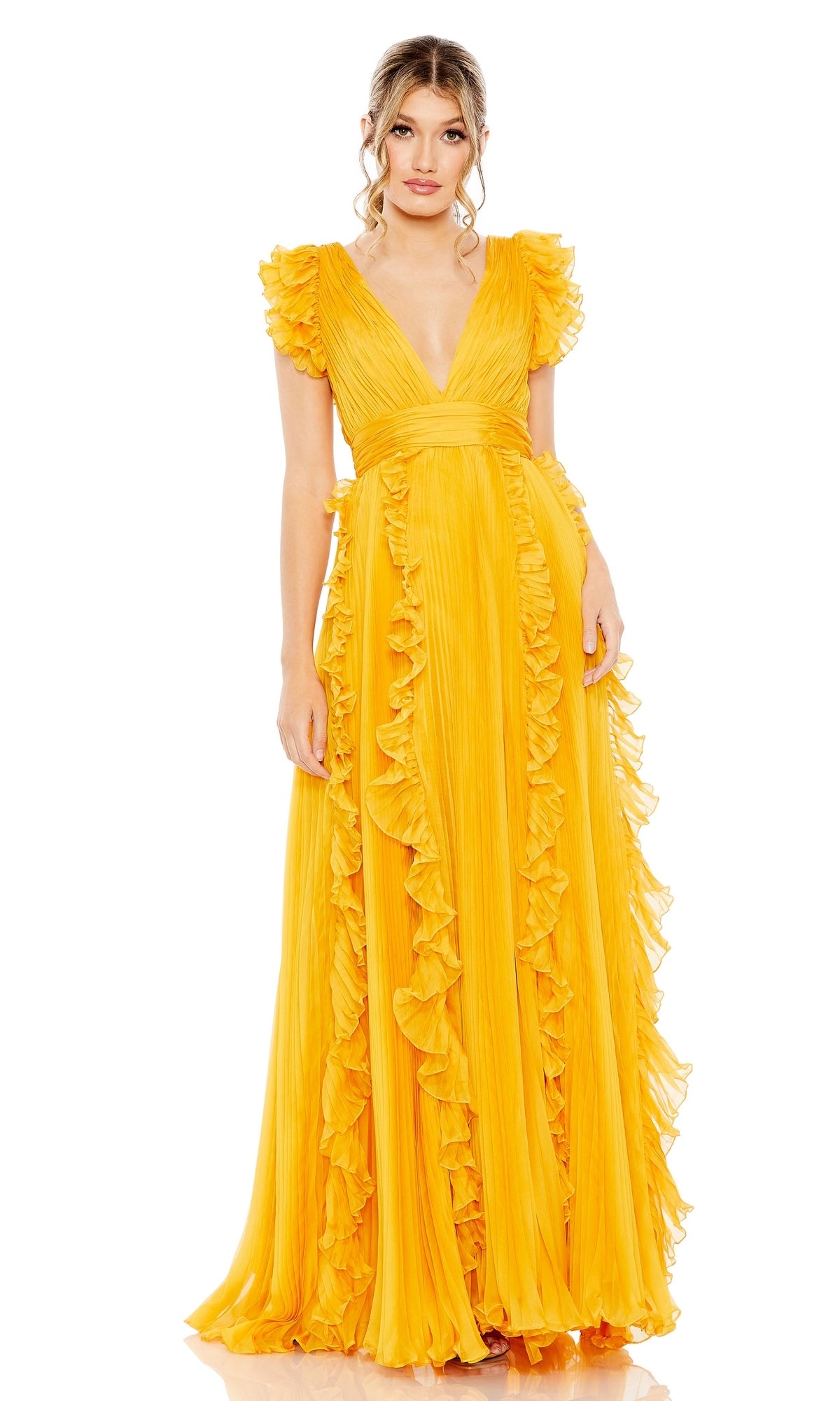 A woman poses against a white background wearing the Mac Duggal Ruffle-Sleeve Long Formal Dress 49539, a floor-length bright yellow gown featuring ruffled sleeves and cascading ruffle details.